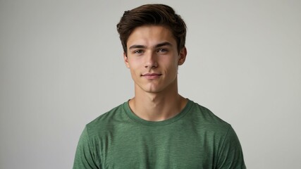 Wall Mural - teen stunning brunette caucasian man with green shirt model portrait standing straight on a plain white background for ad concept space for text