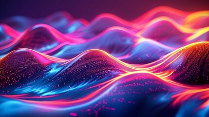 Wall Mural - Abstract Wavy Pattern with Neon Glowing Lines and Dots