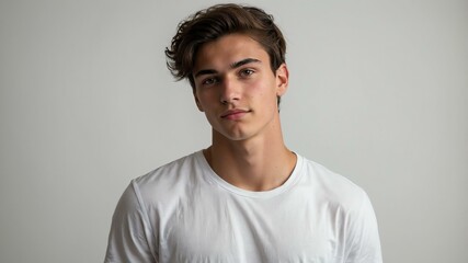 Wall Mural - teen stunning brunette european man with white shirt model portrait standing straight on a plain white background for ad concept space for text