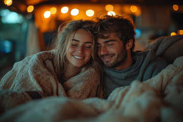 Canvas Print - A married pair enjoying a cozy movie night under a blanket in their living room. Concept of relaxation and companionship.