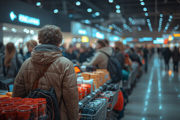 Poster - a line of customers waiting to check out, each with multiple items in their carts. concept of long q