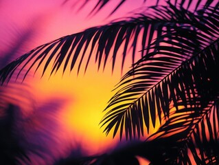 Canvas Print - lush tropical paradise with silhouetted palm fronds backlit by vibrant sunset