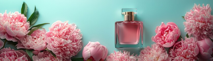 Elegant perfume bottle surrounded by beautiful pink peonies on a serene turquoise background, evoking freshness and sophistication.