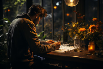 Aufkleber - A person writing poetry in a dimly lit room, the atmosphere charged with inspiration. Concept of creative writing and emotional depth. Generative Ai.