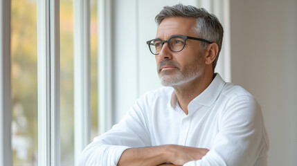 Attractive mature man leaning on the sill of a large bright window with copy space looking away