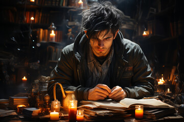 Poster - a man with jet-black locks reading in a cozy library, the contrast highlighting his features. concep