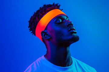 Wall Mural - Bold Men in Neon Orange Headband with Solid Neon Blue Background Trendsetting Portrait