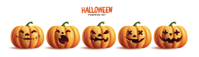 Halloween pumpkins set vector design. Halloween orange pumpkin with funny faces for holiday season spooky trick or treat collection isolated in white background. Vector illustration seasonal scary 