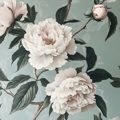 Poster - Soft and feminine floral wallpaper design featuring delicate pink peonies intertwined with pale green leaves on a subtle pastel backdrop  Elegant botanical pattern with a contemporary