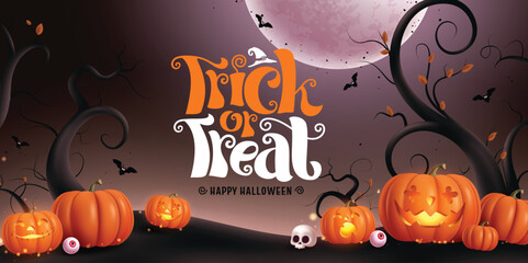 Trick or treat halloween vector background design. Trick or treat greeting text with jack o lantern pumpkins element in cute, funny, creepy and spooky facial expressions full night grave yard 