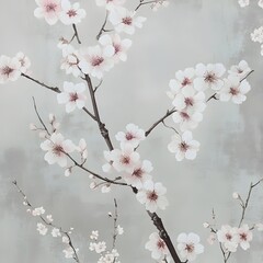 Poster - Elegant and Feminine Floral Wallpaper Featuring Delicate Cherry Blossom Blooms in Soft Pink and White Shades on a Light Gray Background