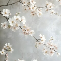 Poster - Elegant and Delicate Cherry Blossom Floral Wallpaper Featuring Soft Pink and White Blossoms on a Light Gray Background  This Soothing