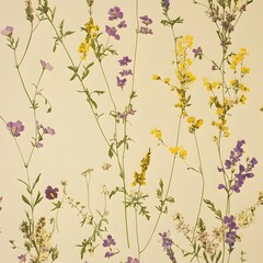 Poster - Elegant and Soothing Wallpaper Design Featuring a Stylized Pattern of Vibrant Purple and Yellow Wildflowers on a Pale Yellow Background