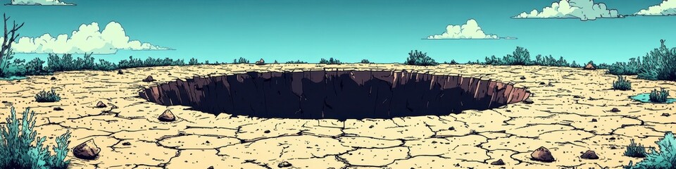 Massive sinkhole in barren desert landscape with clear blue sky and few clouds on horizon, surrounded by cracked and dry ground