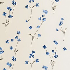 Poster - Elegant and Calming Minimalist Floral Wallpaper Design Featuring Delicate Blue Forget me not Blooms Spaced Evenly on a Soft Cream Colored Background