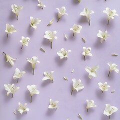Poster - Minimalist and Elegant Floral Wallpaper Design Featuring Sparse Arrangement of Small White Lilies on a Soft Lavender Background