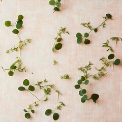 Poster - Minimalist and Elegant Floral Wallpaper Design with Scattered Green Leaves on a Soft Blush Background Creating a Calming and Serene Atmosphere
