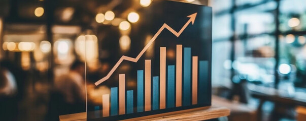 Poster - A graph with a line pointing upwards is displayed on a table. The graph shows a positive trend, which could indicate growth or progress in a particular area. Concept of optimism and forward-thinking