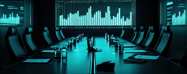Poster - A large conference room with a large screen on the wall and a table with a phone and a cup