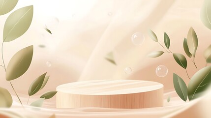 Sticker - Wooden Podium with Green Leaves and Bubbles on Beige Background