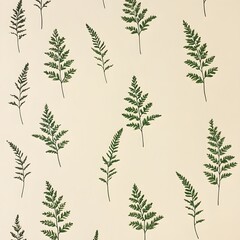 Poster - Stunning minimalist floral wallpaper design featuring tiny widely spaced green fern leaves set against a serene light cream background creating a calming and elegant aesthetic for interior spaces