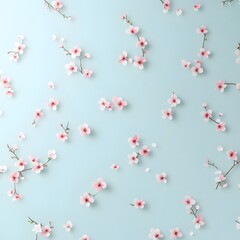 Poster - Delicate and minimalist floral wallpaper design featuring a scattered pattern of tiny pink cherry blossoms on a serene light blue background creating a calming and elegant aesthetic