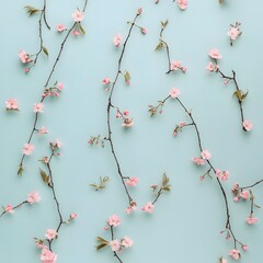 Poster - Beautifully designed minimalist floral wallpaper featuring a scattered arrangement of delicate pink cherry blossoms on a serene light blue background creating a calming and elegant aesthetic