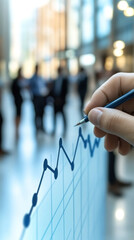 Poster - A person is drawing a graph with a pen on a screen. The graph shows a downward trend, which could indicate a decrease in sales or a decline in a particular metric