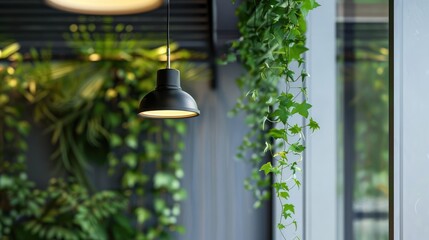 Sticker - Contemporary interior lighting with black metal ceiling lamp and green plant decor