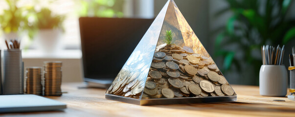 Poster - A pyramid shaped container filled with gold coins sits on a desk. The container is surrounded by a variety of office supplies, including a laptop, a keyboard, a mouse, and a stack of books