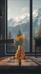 Poster - A vase of flowers sits on top of a pile of gold coins. The scene is set in a room with a large window overlooking a mountain range. Concept of luxury and abundance, as the gold coins