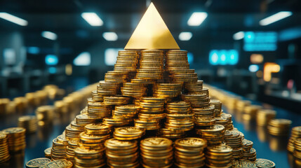 Poster - A pyramid of gold coins is displayed in a room. The coins are piled high, creating a sense of wealth and abundance. The scene is set in a dimly lit room, with a few lights scattered around