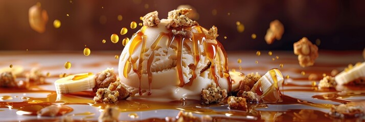 Poster - Close-up of a realistic vanilla ice cream scoop drizzled with shiny caramel syrup, adorned with banana pieces and crushed digestive cookies.