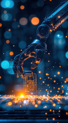 Poster - A robot arm is reaching for a small electronic device. The image has a futuristic and technological feel to it, with the robot arm and the electronic device being the main focus