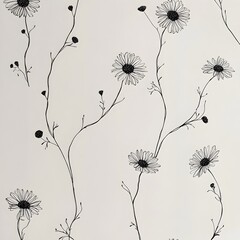 Poster - minimalist floral wallpaper with simple line drawn daisies on light gray background serene and elega