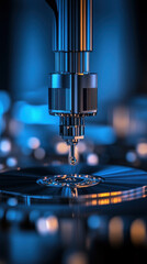 Poster - A small drop of liquid is falling from a device. The device is a small, silver object with a blue background. The image has a futuristic and scientific feel to it