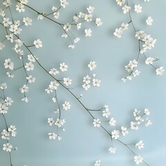 Poster - Minimalist floral wallpaper design featuring a scattered arrangement of tiny delicate white jasmine flowers on a serene pale blue background  This contemporary clean