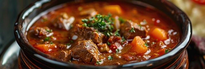 Wall Mural - Close-up of traditional goulash soup served in a bowl with a bogracs.