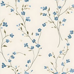 Poster - Minimalist floral wallpaper design featuring simple blue forget me not flowers widely spaced on a light cream background  with a clean elegant and nature inspired aesthetic