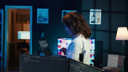 Fototapete - developer doing software debugging using laptop, checking glitches in lines of code, upset about err