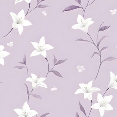 Poster - Elegant and Minimalist Floral Wallpaper Design with Sparsely Arranged Small White Lilies on a Soft Lavender Colored Background