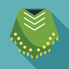 Poster - Simple vector illustration of a green poncho with yellow tassels and white decorations, hanging on a blue wall, in flat design style