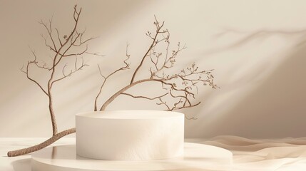 Poster - Cylinder-shaped podium with dry branches on beige backdrop for product display.