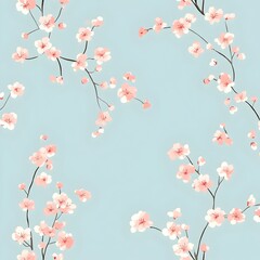Poster - Minimalist and stylized of a floral wallpaper design featuring tiny scattered pink cherry blossoms on a soft light blue background  This delicate feminine pattern is perfect for home decor fashion