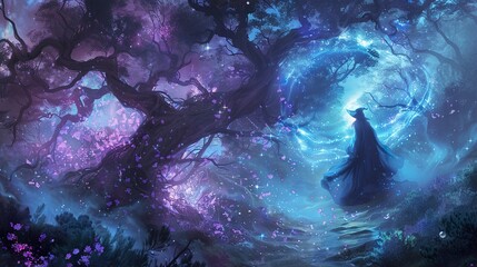 A mystical figure stands in a glowing forest, surrounded by swirling blue light and blooming pink flowers.