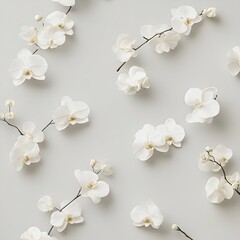 Poster - Elegant and Minimalist Floral Wallpaper Design Featuring Delicate White Orchid Blooms Gracefully Spaced on a Soothing Light Gray Background