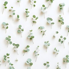 Poster - Minimalist floral wallpaper design featuring delicate spaced out green eucalyptus leaves on a clean white background  This modern botanical pattern has a soft serene and sophisticated aesthetic