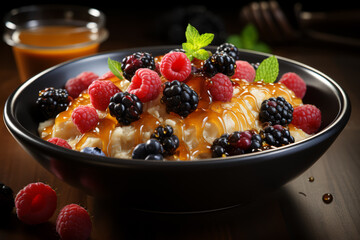 Wall Mural - A bowl of oatmeal topped with fresh berries and a drizzle of honey, appealing to young appetites. Concept of wholesome breakfast and energy. Generative Ai.