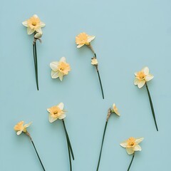Poster - Minimalist and Elegant Floral Wallpaper Design with Widely Spaced Yellow Daffodils Blossoms on a Soft Pale Blue Background Creating a Serene and Calming Atmosphere