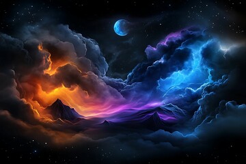 Wall Mural - Surreal Fantasy World in Watercolor Style - Inspirational Bird's Eye View Desktop Background with Vibrant Glowing Elements